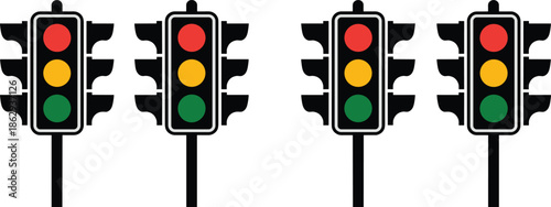 Traffic light icons set, red yellow green signal illustration, road safety concept, transportation control symbols, urban traffic system design, isolated on white background