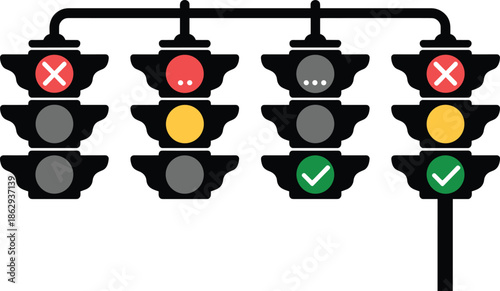 Traffic light signal states illustration, red yellow green symbols with check and cross icons, road safety control concept, urban transportation system design, isolated on white background