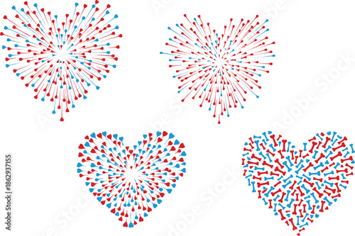 Vibrant red and blue heart shaped fireworks exploding in festive patterns