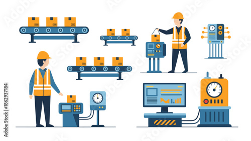 Comprehensive set of manufacturing and packaging equipment illustrations, featuring workers on conveyor belts and machines, symbolizing industrial automation.