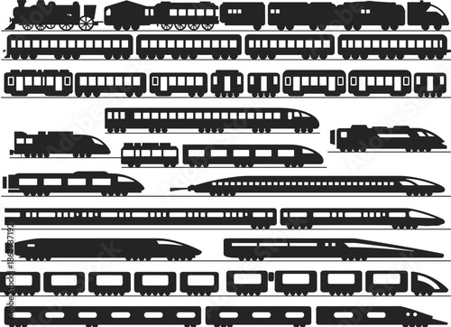 Train silhouettes collection illustration, passenger freight and high speed railway vehicles set, modern vintage locomotives icons, black vector trains isolated on white background design