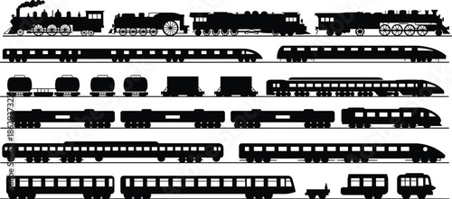 Train silhouettes illustration set, steam diesel electric high speed locomotives collection, passenger freight railway vehicles icons, black vector transport isolated on white background design