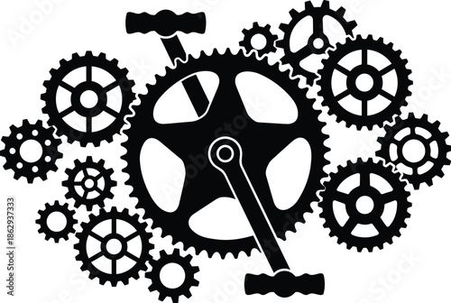 Interconnected gears with hammers isolated on white background, Vector, illustration