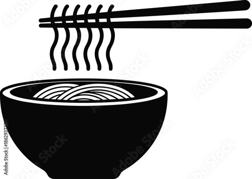 Hot noodle bowl icon, steaming ramen with chopsticks, minimal black silhouette, Asian food symbol isolated on white background, vector illustration