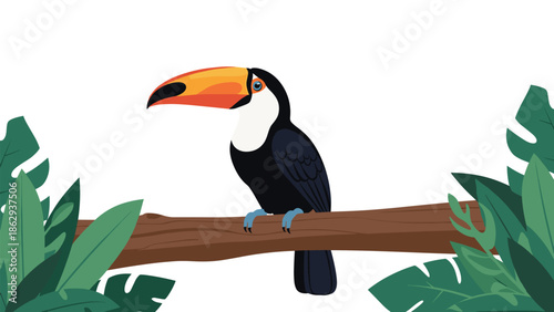 Striking toucan bird with a large, vibrant beak, elegantly perched on a sturdy tree branch, surrounded by lush tropical leaves, representing exotic wildlife.