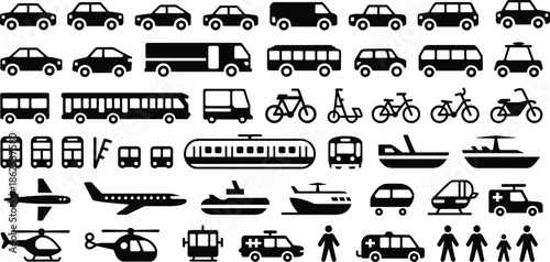Transportation icons set illustration, cars buses trucks bicycles trains ships airplanes helicopters, urban travel vehicles symbols, public transport silhouettes, isolated on white background design