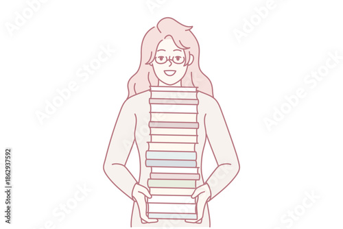 Learning confidence scene, Joyful student carefully organizing abundant collection of textbooks, Enthusiastic Asian woman diligently balancing extensive pile of educational literature with assurance