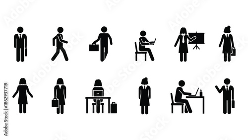 A collection of black and white stick figure icons depicting people and professions