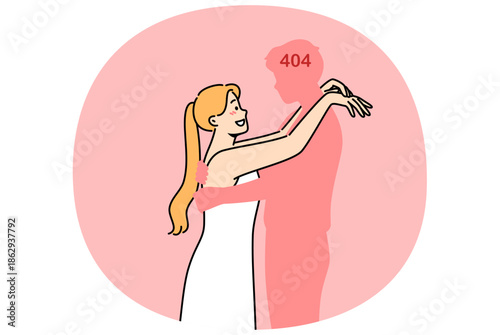Lonely woman hugs fictional man, experiencing psychological distress due to absence of boyfriend. Lonely girl invented non-existent groom with number 404 on head needs help of psychotherapist