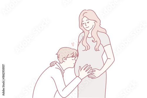 Happy young man kiss pregnant woman belly excited about parenthood. Smiling future father hug wife. Pregnancy and parenting. Vector illustration.