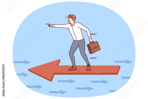 Oppositional actions of investor acting differently from competitors, standing on arrow flying in opposite direction. Tactics of oppositional business man who is not afraid of difficulties