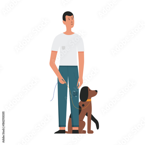 Man holding leash on walk with dog, pet owner and puppy standing together vector illustration