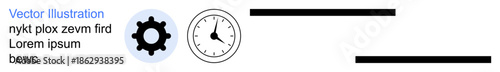 Productivity, workflow, time tracking, scheduling, organization efficiency. Black gear clock icon and simple text lines. Productivity and workflow. Line metaphor. Simple line icons