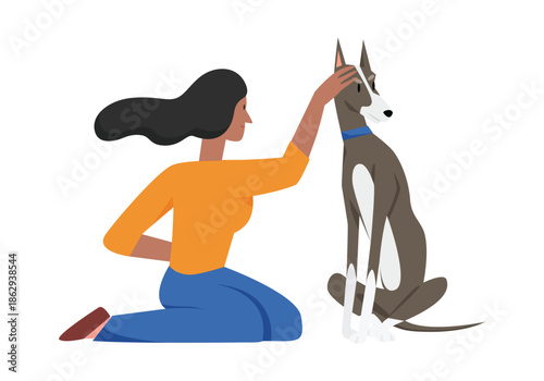 Woman and dog sitting together, girl with pedigree animal friend vector illustration