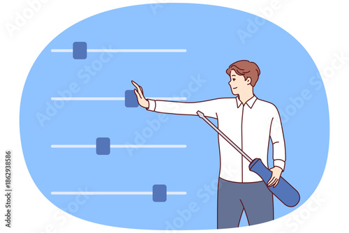 Man manages business using configuration sliders to control processes of executing plans. Guy with screwdriver configures electronic device through configuration panel with controllers