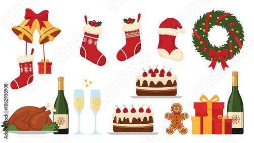 Large set of various christmas and holiday party elements including roast turkey wine cake gifts and festive seasonal decorations.