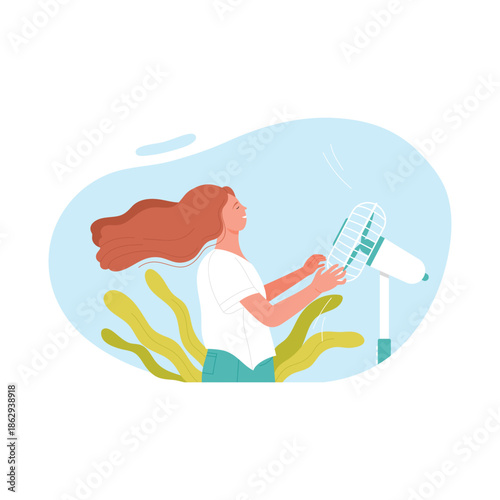 Young woman standing at blowing electric fan to enjoy, fresh wind in girls long hair vector illustration