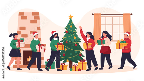 People wearing santa hats decorating a large christmas tree and sharing presents in a cozy living room with a warm fireplace at home.