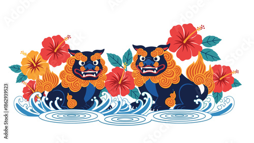 Two traditional okinawan shisa lion statues surrounded by vibrant red hibiscus flowers and stylized blue ocean waves in okinawa japan.