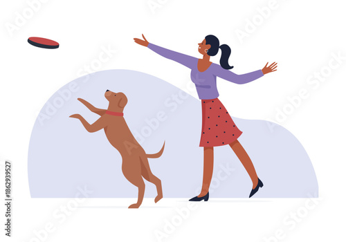 Woman training dog with ball on walk, throwing toy for puppy vector illustration
