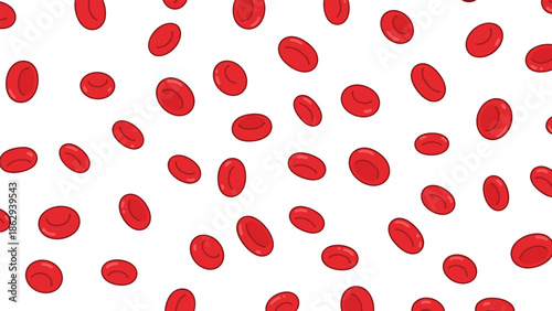 Microscopic pattern of numerous red blood cells, scattered across a white background, symbolizing health, biology, medical science, and human physiology.