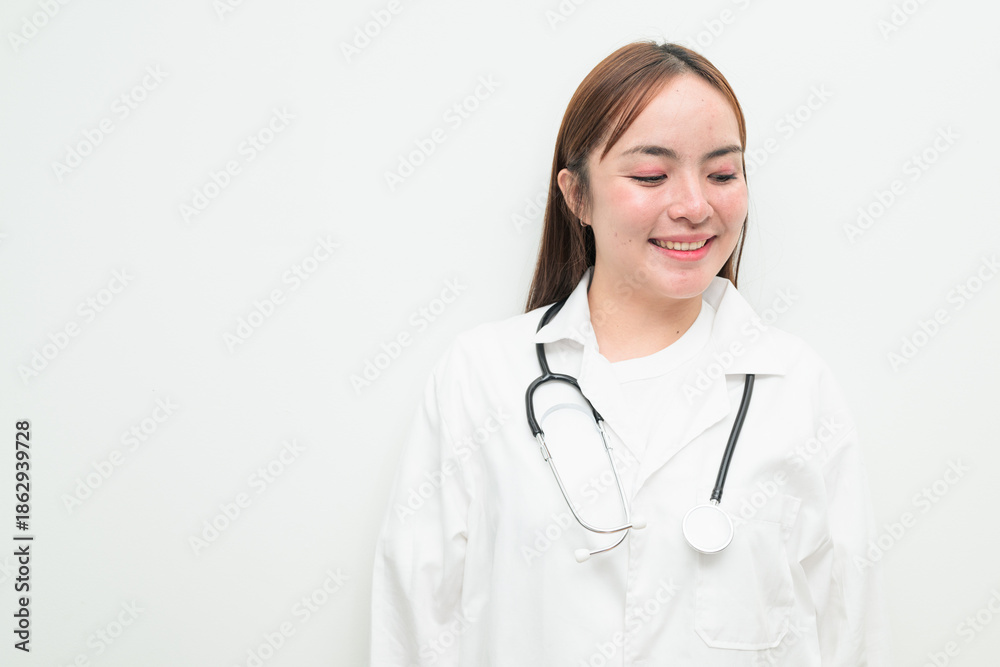 Fototapeta premium Portrait of young Asian female doctor against white background thinking and smiling