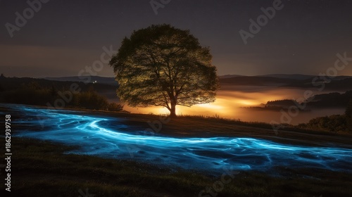Mystical night landscape with glowing stream