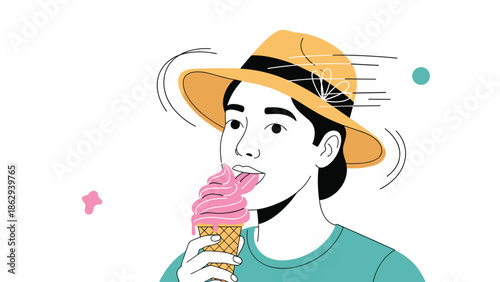 Young woman wearing a straw hat enjoying a pink soft serve ice cream cone on a sunny summer day in a simple flat illustration style.