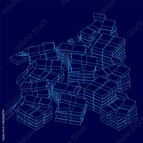 A neat pile of white bricks forms a money stack contour against a stark blue background. This 3D model represents financial concepts and wealth accumulation.