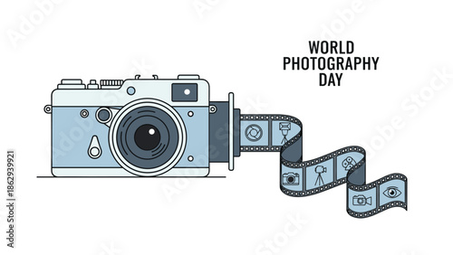 Creative illustration of a vintage camera with a film strip unfolding to reveal various photography-related icons, celebrating World Photography Day and art.