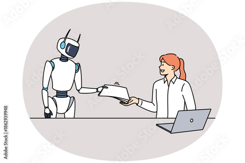 Robot assistant helps woman office worker by handing over documents and eliminating routine paperwork. Businesswoman with laptop uses services of robot to increase productivity in performing tasks.