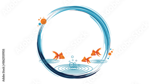 Three orange goldfish swimming within a circular blue water brushstroke frame with ripples and bubbles on a clean white background.