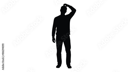 A silhouette of a man with his hand raised to his head
