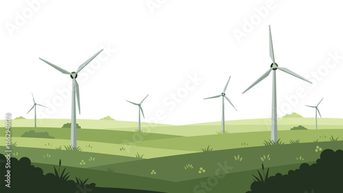 Expansive landscape showcasing several wind turbines majestically standing on vast green fields under a clear sky, symbolizing sustainable clean energy production.