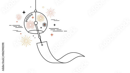 Minimalist illustration of a japanese glass wind chime with colorful stars or sparkles on a clean white background for summer themes.