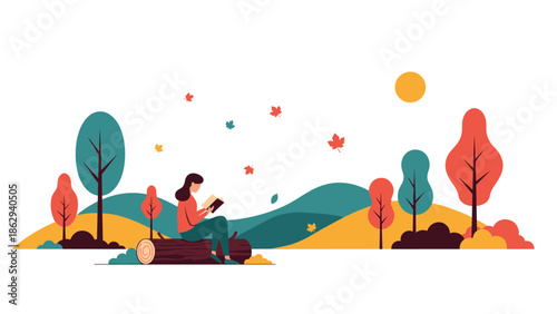 Young woman sitting on a log reading a book in a peaceful autumn park with colorful trees and falling maple leaves in fall season.