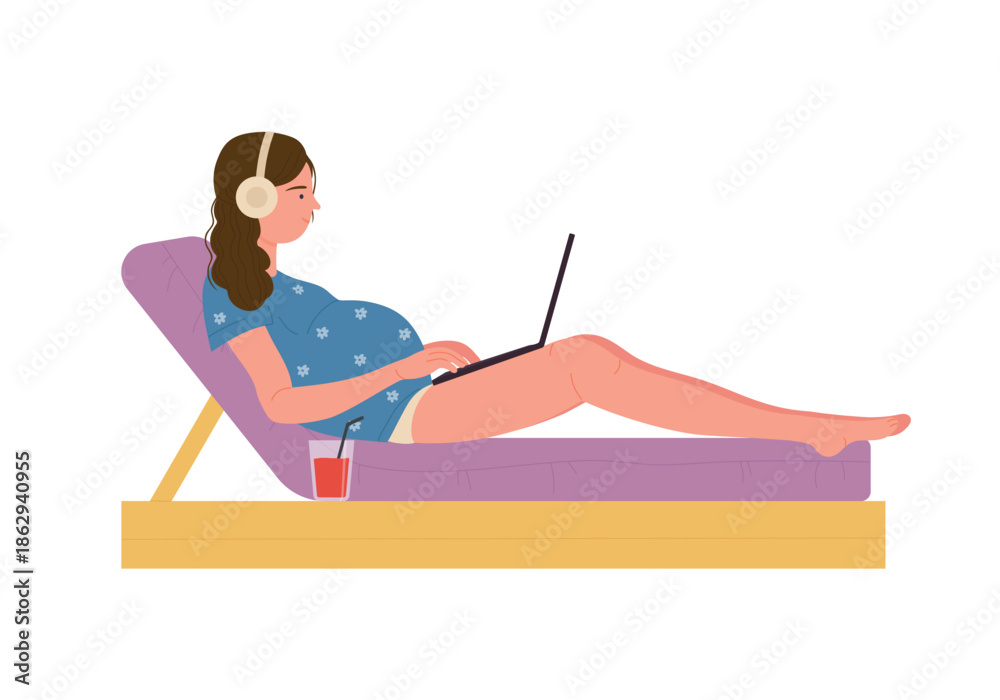 Fototapeta premium Pregnant woman in headphones listening to music lying on beach bed with laptop vector illustration