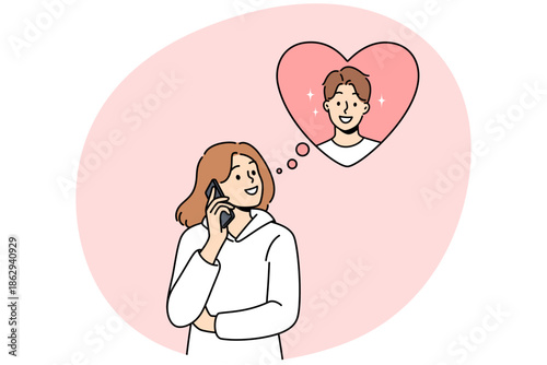 Woman makes phone call to boyfriend, wanting to flirt or invite him to romantic weekend dinner. Distance relationship between girl and boyfriend during vacation or happy valentine day