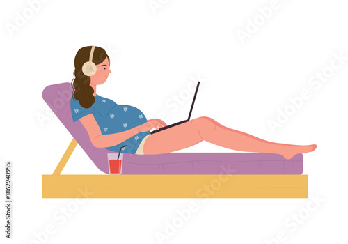 Pregnant woman in headphones listening to music lying on beach bed with laptop vector illustration
