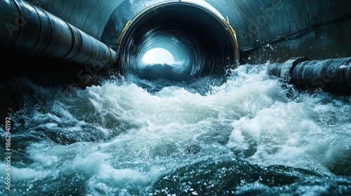A dynamic image of turbulent water rushing through a concrete tunnel, symbolizing the power of nature and urban infrastructure in a captivating way.