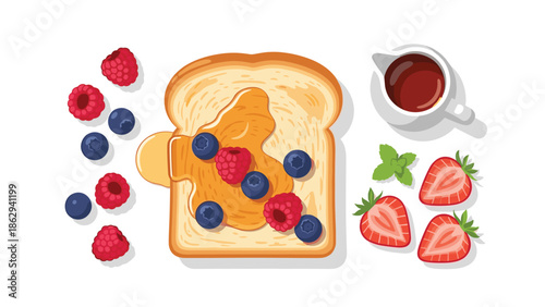 Wholesome breakfast spread featuring a slice of toast generously drizzled with honey, adorned with an assortment of fresh berries, and a pitcher of syrup.