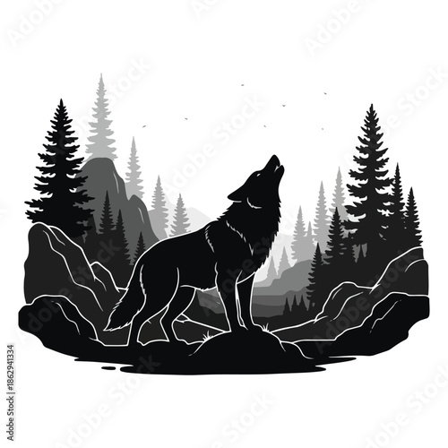 Black silhouette of a wolf howling in a pine forest mountain landscape illustration