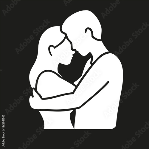 White silhouette icon of a man and woman facing each other on black background. Romantic symbol representing love, relationship and connection. Vector illustration suitable for Valentine’s Day