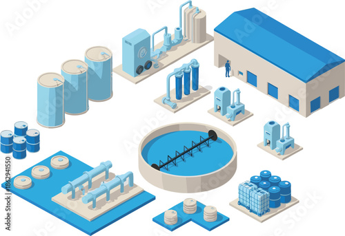 Isometric water treatment plant illustration with filtration tanks, pipelines, industrial equipment, storage containers, and factory building infrastructure