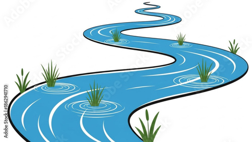 Winding Blue River with Reeds and Ripples Isolated on White Background