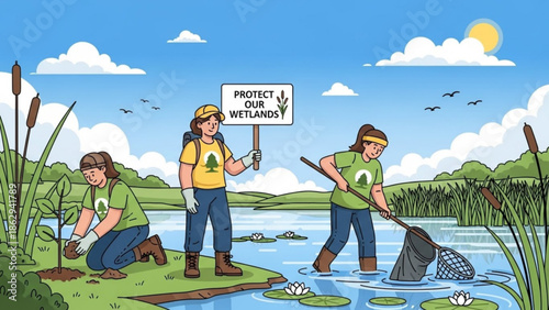 Volunteers Cleaning Pollution from Lake during Sunny Day