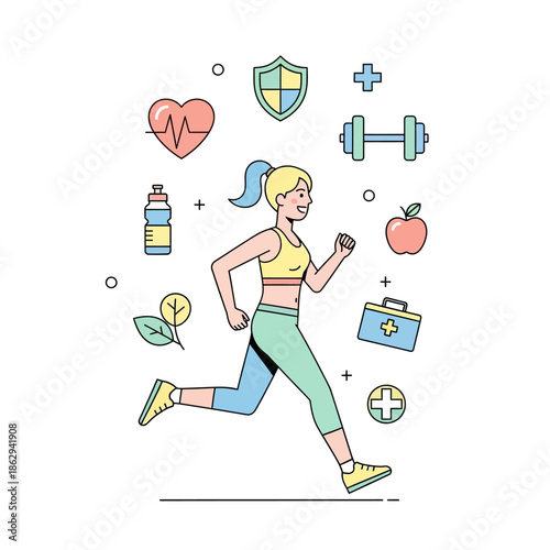 Woman Jogging with Fitness and Workout Elements