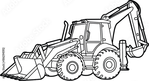 Backhoe loader construction vehicle line illustration heavy equipment excavator machinery isolated on white background industrial engineering vector artwork