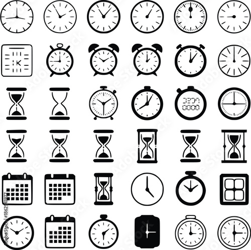 Collection of various timekeeping devices including clocks hourglasses and calendars
