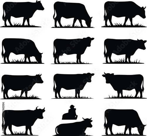 Silhouette collection of grazing cows and cattle in a field setting
